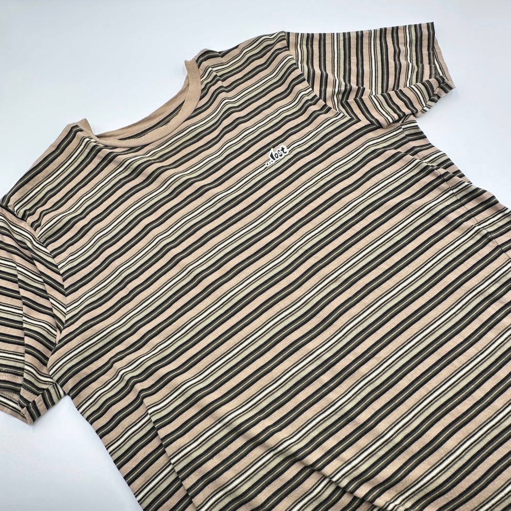 Lost T Shirt Mens Medium Tan Striped Excellent 90's/Y2K Surf Skate Vintage